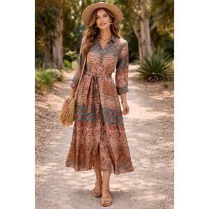 Soft Surroundings Boho Midi Shirt Dress Small PS Button Front Western Country